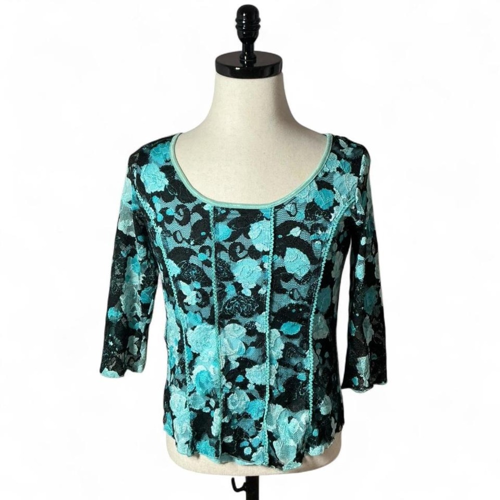 Y2K Dressbarn‎ Floral Lace Black Turquoise 3/4 Sleeve Scoop Neck Blouse Velvet L